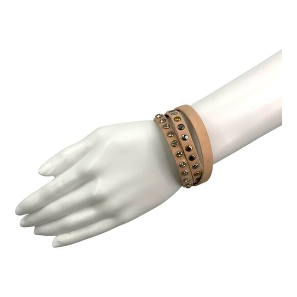 Beige Faux Leather Rhinestone Stud Wrap Bracelet - Picture 1 of 4